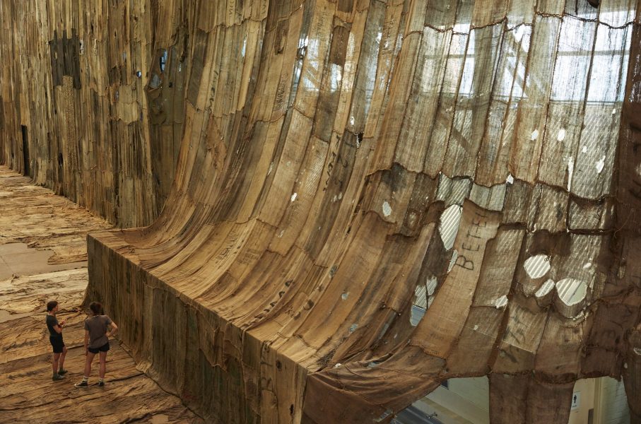 Ibrahim Mahama, No friend but the mountains 2012-20, 2020. Installation view for the 22nd Biennale of Sydney (2020), Cockatoo Island. Commissioned by the Biennale of Sydney with generous support from Anonymous, and assistance from White Cube. Courtesy the artist; Apalazzo Gallery, Brescia and White Cube, London / Hong Kong. Photograph: Zan Wimberley.