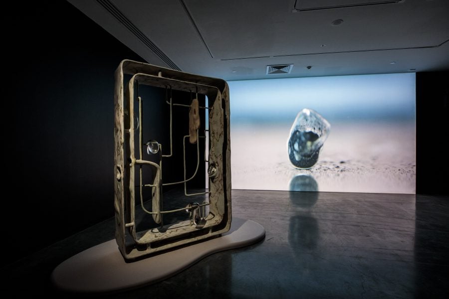 Left to Right: Jes Fan, 'Form begets Function', 2020; and 'Xenophoria', 2020. Installation view for the 22nd Biennale of Sydney (2020), Museum of Contemporary Art Australia. Commissioned by the Biennale of Sydney with assistance from Canada Council for the Arts and the Consulate General of Canada in Sydney. Courtesy the artist and Empty Gallery, Hong Kong. Photograph: Ken Leanfore, Museum of Contemporary Art Australia.