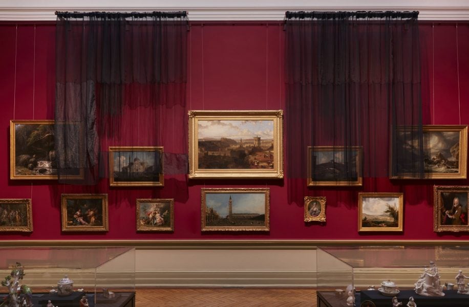Joël Andrianomearisoa, THERE MIGHT BE NO OTHER PLACE IN THE WORLD AS GOOD AS WHERE I AM GOING TO TAKE YOU, Installation view (2020) photographed in the Grand Courts at the Art Gallery of New South Wales, Sydney. Photograph: Zan Wimberley.
