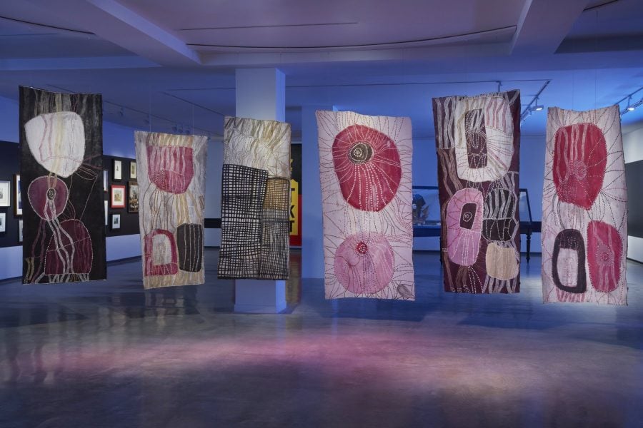 The photo shows five bark paintings by the artist Noŋgirrŋa Marawili. The barks are suspended in the gallery.