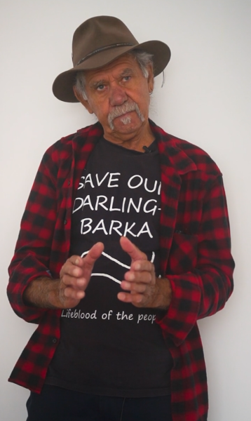 Voice of the Baaka river, 2022 (film still). Spoken by Badger Bates Barkandji Elder, from the Baaka river region, Australia. Commissioned for rīvus, 23rd Biennale of Sydney 2022 with assistance from the Australian Film, Television and Radio School. Camera by Julia Greenstreet. Postproduction by AFTRS, led by Alejandra Canales and Melba Proestos. Edited by Benjamin Ryan. 