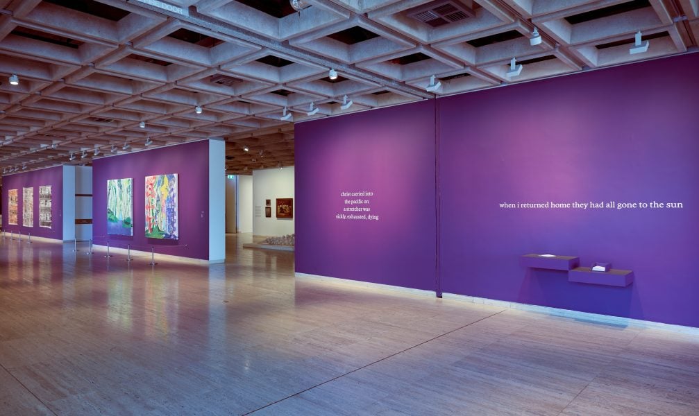 Left to right: John Pule, Mercy, 1998; Untitled, 1999; Prototype: site of old myths, 1995; Experience, 2021. Presentation at the 24th Biennale of Sydney was made possible with generous support from the Fondation Cartier pour l’art contemporain and Creative New Zealand. John Pule, Ai Manako Au Ke Nofo He Haau A Tau Miti Tukulagi – I don’t want to live in your dreams anymore, 2023; Extract from I don’t want to live in your dreams anymore, 2023. Commissioned by the Biennale of Sydney and the Fondation Cartier pour l’art contemporain with generous support from Creative New Zealand. Courtesy the artist and Gow Langsford Gallery © the artist and Gow Langsford Gallery. Installation view, 24th Biennale of Sydney, Ten Thousand Suns, 2024, Art Gallery of New South Wales. Photograph: Christopher Snee.