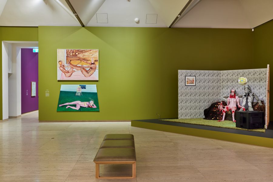 Left to right: Bonita Ely, At home with the Locust People (Itchy feet), 1974–75. Art Gallery of New South Wales, purchased with funds from the Rudy Komon Memorial Fund 2015. © Bonita Ely; At home with the Locust People 1974. Courtesy the collection of James C Sourris and Milani Gallery, Brisbane; c20th Mythological Beasts: At home with the Locust People, 1975. Purchased 2014 with funds from James C Sourris AM through the Queensland Art Gallery | Gallery of Modern Art Foundation © Bonita Ely. Installation view, 24th Biennale of Sydney, Ten Thousand Suns, 2024, Art Gallery of New South Wales. Photograph: Christopher Snee.