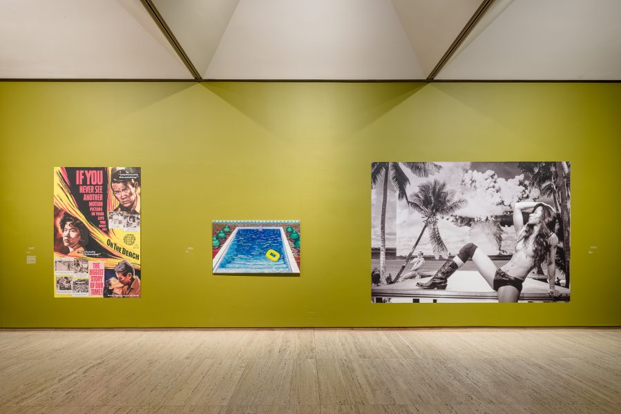 Left to right: Ming Wong, If you never see another motion picture in your life, 2024. Courtesy the artist © Ming Wong. Bonita Ely, The Locust People’s Swimming Pool, 1974. Collection of James C Sourris. Courtesy of Milani Gallery © Bonita Ely. Eisa Jocson, Macho, 2023. Presentation at the 24th Biennale of Sydney was made possible with generous assistance from Mercedes U Zobel. Courtesy the artist © Eisa Jocson. Installation view, 24th Biennale of Sydney, Ten Thousand Suns, 2024, Art Gallery of New South Wales. Photograph: Document Photography.