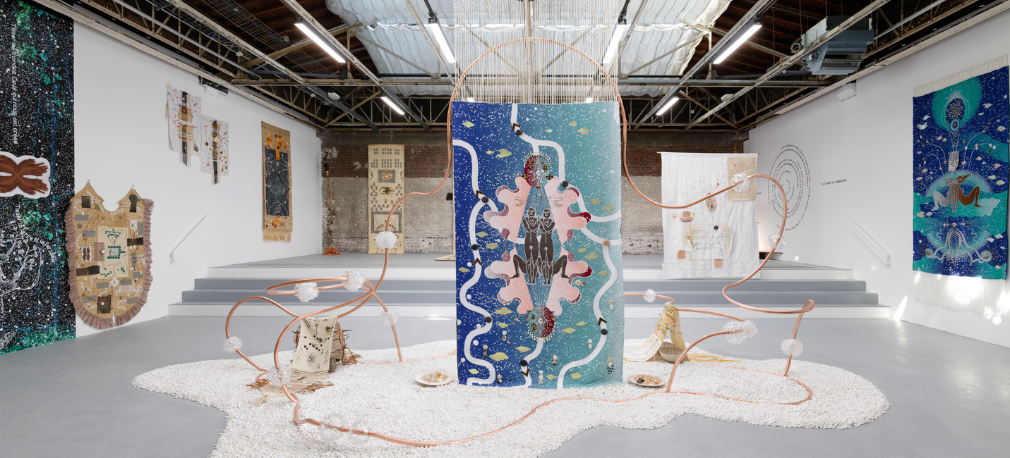 Marie-Claire Messouma Manlanbien, Take Care, 2023. Copper, glass, plants, vegetable, mineral, ceramics, weaving. 300 x 300 x 600cm. Photo courtesy of the artist and Palais de Tokyo