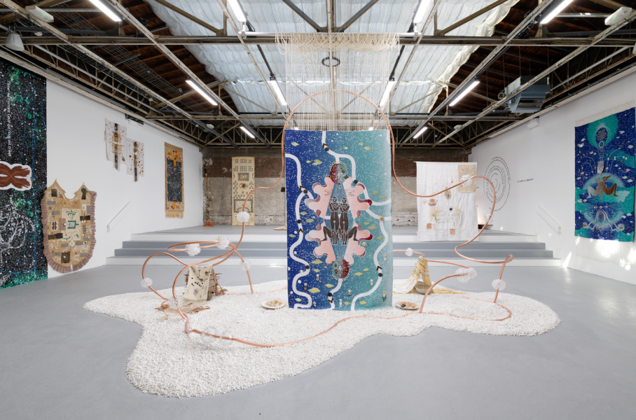 Marie-Claire Messouma Manlanbien, Take Care, 2023. Copper, glass, plants, vegetable, mineral, ceramics, weaving. 300 x 300 x 600cm. Photo courtesy of the artist and Palais de Tokyo