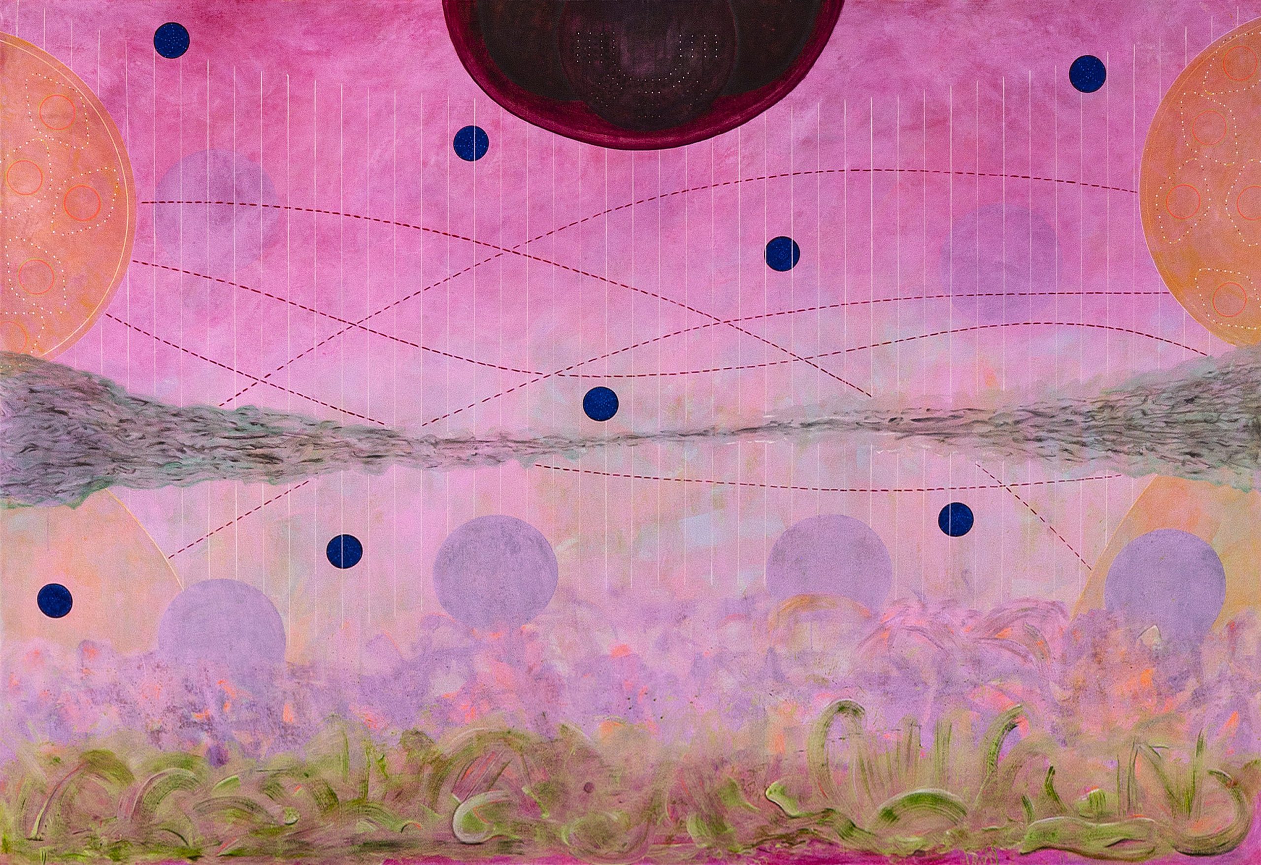 Satch Hoyt, The Calling In Of The Silent Codes, 2019. 
Acrylic and pigment on canvas, 216 x 304cm. Commissioned by HKW Berlin. 
Photo: Trevor Lloyd Morgan. Courtesy the artist. 