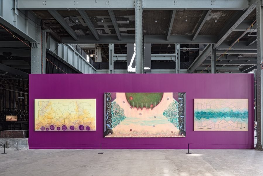 Left to right: Satch Hoyt, I Contemplate My Dharmic Journey, 2019; On Galactic Paths of More Tomorrows, 2017; Just one more Bridge to ride Crescendos, 2019. Presentation at the 24th Biennale of Sydney was made possible with generous assistance from the Institut für Auslandsbeziehungen and Goethe – Institut Australia and with assistance from the British Council. Courtesy the artist © Satch Hoyt. Installation view, 24th Biennale of Sydney, Ten Thousand Suns, 2024, White Bay Power Station. Photograph: Document Photography.