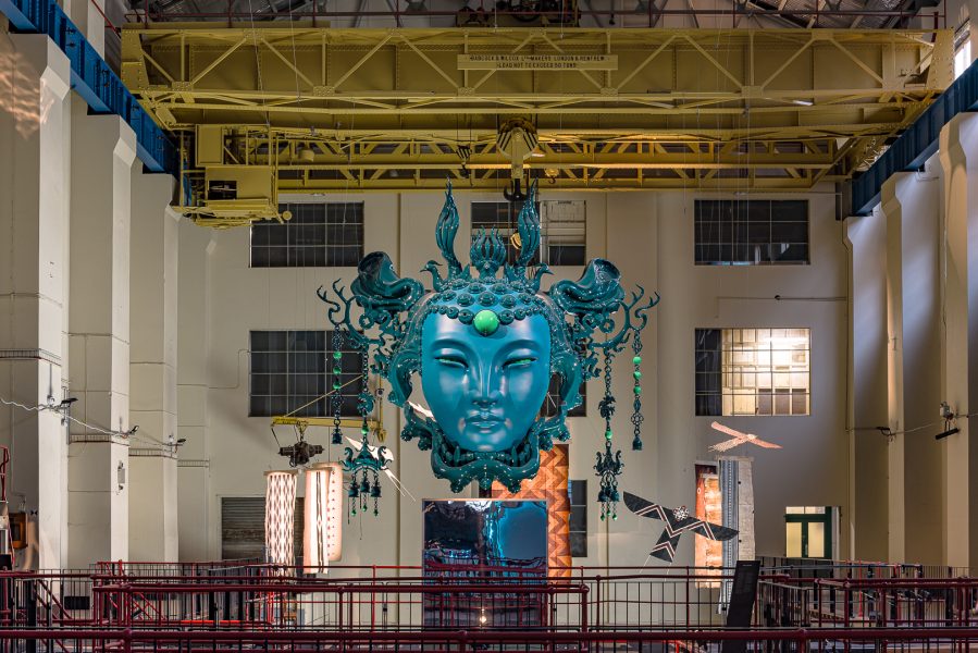 Front to back: Andrew Thomas Huang, The Beast of Jade Mountain: Queen Mother of the West (西王母), 2023-2024. Commissioned by the Biennale of Sydney with generous support from Terra Foundation for American Art. Courtesy the artist © Andrew Thomas Huang. Nikau Hindin, Eboni Fifita-Laufilitoga-Maka Fungamapitoa, Hina Puamohala Kneubuhl Kihalaupoe, Hinatea Colombani, Kesaia Biuvanua, Rongomai Grbic-Hoskins, Aumoana, 2023-24. Commissioned by the Biennale of Sydney and the Fondation Cartier our l’art contemporain with generous support from Creative New Zealand. Courtesy the artists © the artists. Installation view, 24th Biennale of Sydney, Ten Thousand Suns, 2024, White Bay Power Station. Photograph: Document Photography.