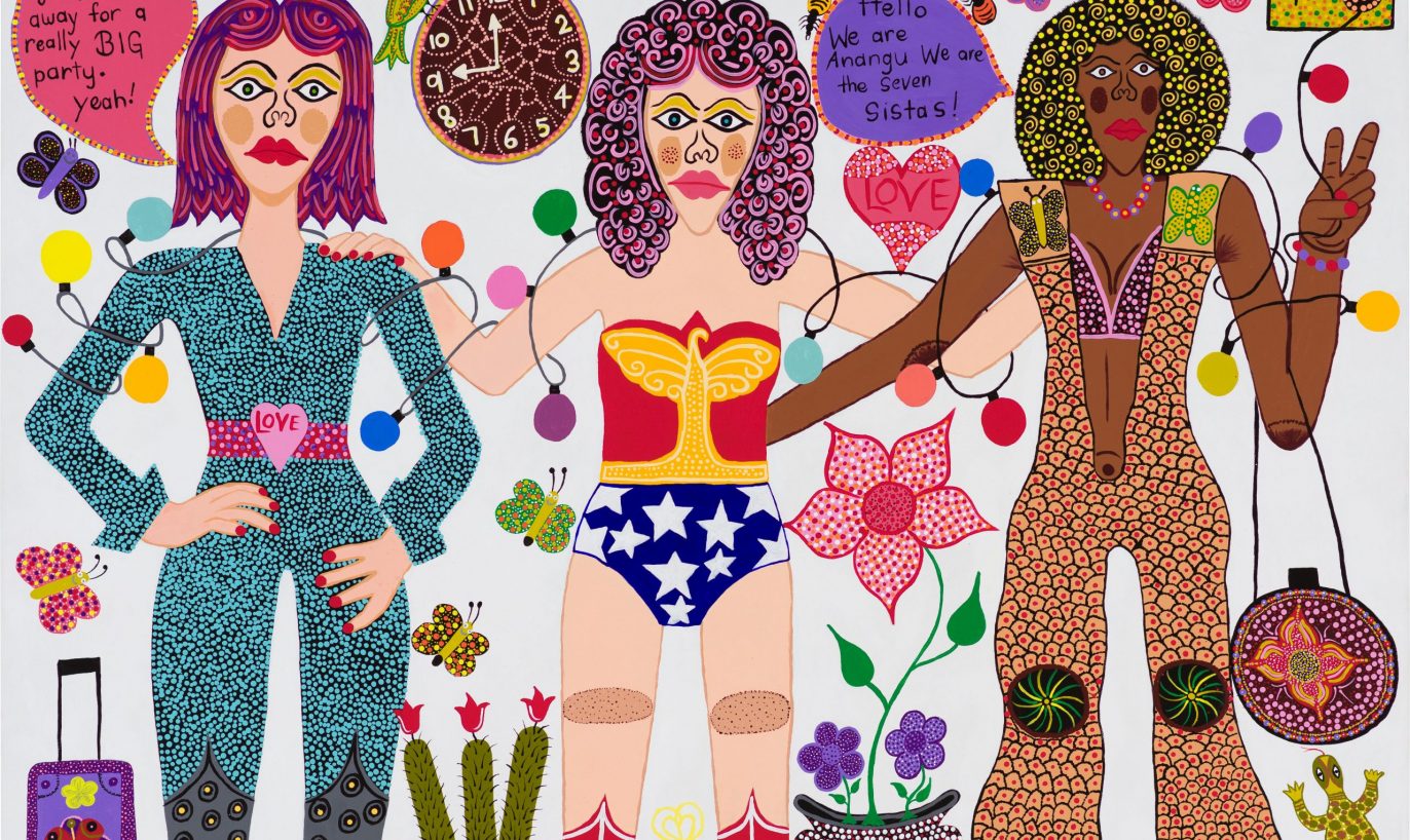 Kaylene Whiskey, Seven Sistas Story, 2021, acrylic on linen, 122 x 456 cm, Triptych: 
122 x 152 cm each. 
Photo: Luis Power.  Courtesy of the artist and Roslyn Oxley9 Gallery, Sydney. 