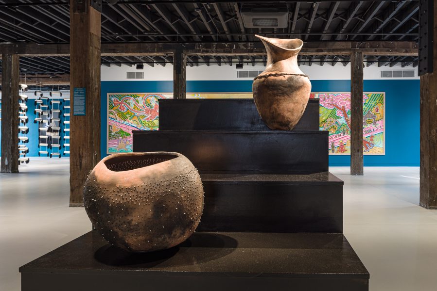 Front to back (left to right): Adebunmi Gbadebo, Sam, 2023; Adam, 2023. Presentation at the
24th Biennale of Sydney was made possible with generous support from Terra Foundation of
American Art Courtesy the artist and Nicola Vassell Gallery. Courtesy the artist and Nicola
Vassell Gallery © Adebunmi Gbadebo. Eric-Paul Riege, yoo’ (unstrung), 2024. Commissioned
by the Biennale of Sydney and the Foundation Cartier pour l’art contemporain with generous
support from Terra Foundation for American Art. Courtesy the artist and Bockley Gallery,
Minneapolis and STARS Gallery, Los Angeles © Eric-Paul Riege. Li Jiun-Yang, Kau-Pue in
Temple Fair: the Immortals, 2016-17. Presentation at the 24th Biennale of Sydney was made
possible with generous support from the Taiwan Ministry of Culture and Cultural Division,
Taipei Economic and Cultural Office in Sydney. Courtesy the artist © Li Jiun-Yang. Installation
view, 24th Biennale of Sydney, Ten Thousand Suns, 2024, Artspace. Photograph: Document
Photography.