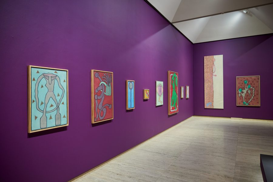 Left to right: I Gusti Ayu Kadek (Murni), Aku Perempuan berbadan kuat, 2000; Jualan jamu, 2003; Asik naik ke bulan, 1998; Belum bisa lepas, 2004; Merangsan, 2002, Collection and courtesy of Konfir Kabo; Jalan Santai, nd; Jangan terburu, nd; Hayalan 18 mei, nd; Main Speak Bola, 1999; Kembaranku, 2002. Presentation at the 24th Biennale of Sydney was made possible with generous support from Gajah Gallery. Courtesy Gajah Gallery © I Gusti Ayu Kadek Murniasih. Installation view, 24th Biennale of Sydney, Ten Thousand Suns, 2024, Art Gallery of New South Wales. Photograph: Christopher Snee.
