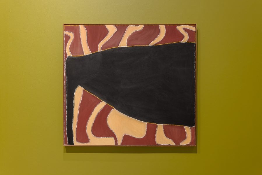 Rover Joolama Thomas, Cyclone Tracy, 1991. National Gallery of Australia, Canberra, purchased 1991 © Rover Thomas/Copyright Agency. Installation view, 24th Biennale of Sydney, Ten Thousand Suns, 2024, Art Gallery of New South Wales. Photograph: Document Photography.
