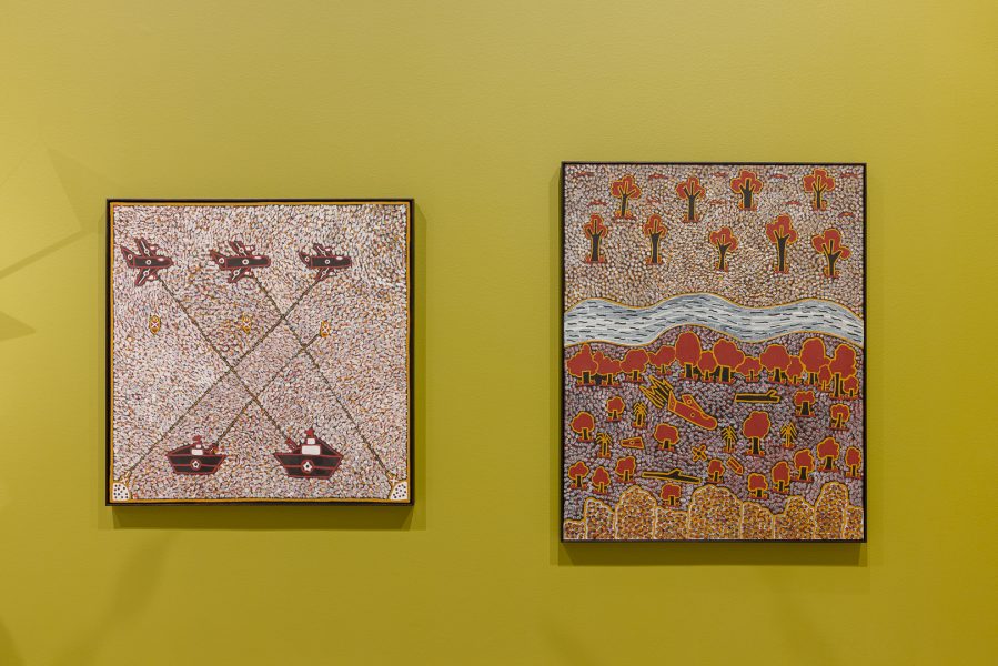 Left to right: Pauletta Kerinauia, Bombing of Darwin, 2023; Bombing of Darwin, 2023. Commissioned by the Biennale of Sydney with generous support from a grant from Open Society Foundations and generous support from Vicki Olsson. Pauletta Kerinauia. Courtesy the artist and Jilamara Arts and Crafts Association © Pauletta Kerinauia. Installation view, 24th Biennale of Sydney, Ten Thousand Suns, 2024, Art Gallery of New South Wales. Photograph: Document Photography.