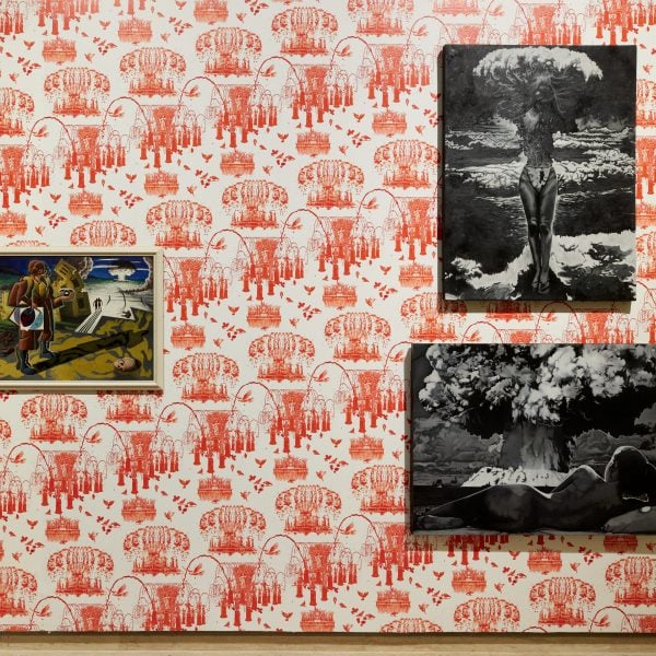 Left to right: Saule Dyussenbina, Achievements of National Economy, Fountain of Friendship of Peoples of the USSR (Moscow, Russia), 2023 (detail). Courtesy the artist © Saule Dyussenbina. Weaver Hawkins, Atomic Power, 1947. Purchased 1976, Art Gallery of New South Wales. Courtesy the artist © Estate of HF Weaver Hawkins. Eisa Jocson, Bikini, 2009–23; All is vain, 2009–23. Courtesy the artist © Eisa Jocson. Installation view, 24th Biennale of Sydney, Ten Thousand Suns, 2024, Art Gallery of New South Wales. Photograph: Christopher Snee.