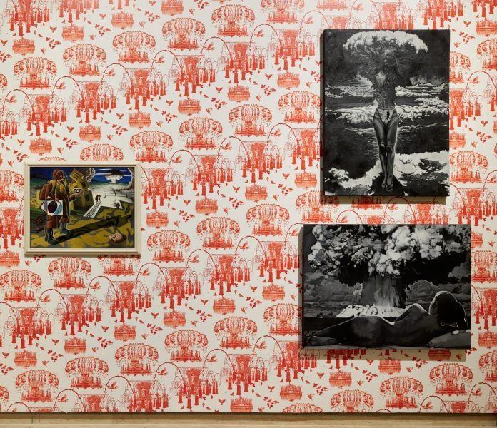 Left to right: Saule Dyussenbina, Achievements of National Economy, Fountain of Friendship of Peoples of the USSR (Moscow, Russia), 2023 (detail). Courtesy the artist © Saule Dyussenbina. Weaver Hawkins, Atomic Power, 1947. Purchased 1976, Art Gallery of New South Wales. Courtesy the artist © Estate of HF Weaver Hawkins. Eisa Jocson, Bikini, 2009–23; All is vain, 2009–23. Courtesy the artist © Eisa Jocson. Installation view, 24th Biennale of Sydney, Ten Thousand Suns, 2024, Art Gallery of New South Wales. Photograph: Christopher Snee.