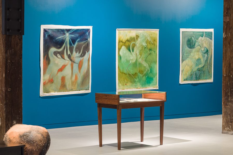 Left to right: Adebunmi Gbadebo, Adam, 2023. Presentation at the 24th Biennale of Sydney was made possible with generous support from Terra Foundation of American Art Courtesy the artist and Nicola Vassell Gallery © Adebunmi Gbadebo. Sana Shahmuradova Tanska, Untitled, 2023; Homesickness (Stork), 2022; Fell asleep at the river shore in 2022, 2022. Commissioned by the Biennale of Sydney with assistance from the Consulate General of Canada, Sydney. Courtesy the artist and Gunia Nowik Gallery © Sana Shahmuradova Tanska. Installation view, 24th Biennale of Sydney, Ten Thousand Suns, 2024, Artspace. Photograph: Document Photography.