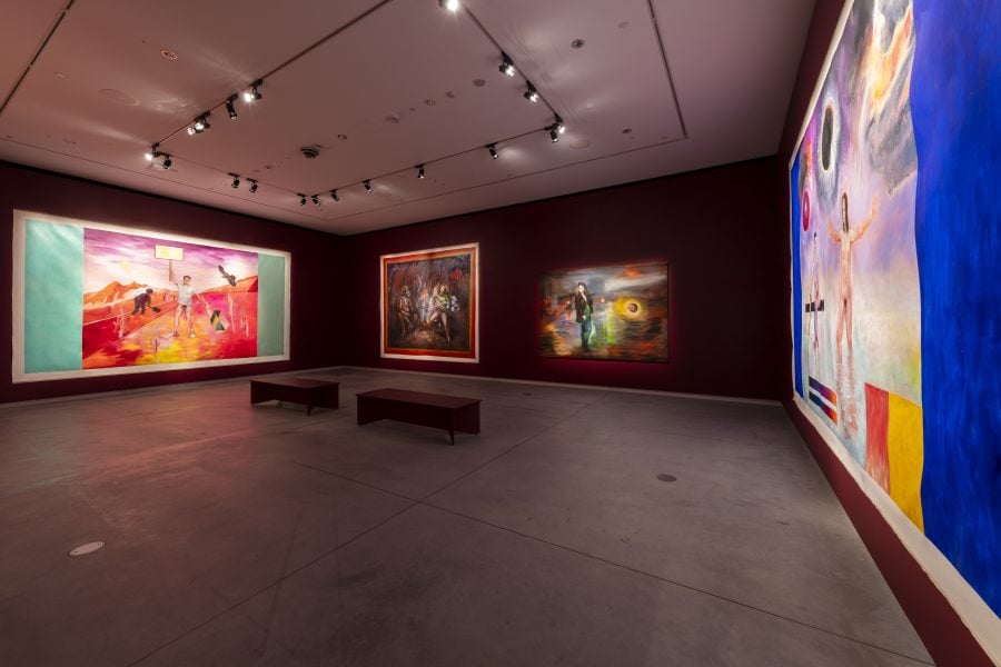 Left to right: Juan Davila’s The Proposition, 2021; Valdivia-Mime y Lautaro-Siegfried, 2011; That is No Man, 2010; 2021, 2020; Courtesy the artist and Kalli Rolfe Contemporary, Melbourne © Juan Davila. Installation view, 24th Biennale of Sydney, Ten Thousand Suns, 2024, Chau Chak Wing Museum, University of Sydney. Photograph: David James.