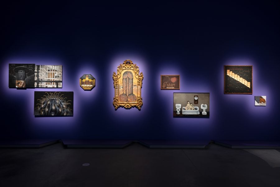 Left to right: Martin Wong, Mintaka, 1990. Courtesy Sunpride Foundation, Hong Kong; Ferocactus peninsulae v. viscainensi, 1997-98. Courtesy Sunpride Foundation, Hong Kong; Untitled 1990. Courtesy William Lim c/o Living Limited; Mi Vida Loca 1991. Courtesy Sunpride Foundation, Hong Kong; A Near Miss 1983; Saturday Night 1992. Courtesy William Lim, Living Limited; Esmeralda: Songs for the Hearing Impaired 1982. Courtesy Alan Lau; LA2 – Malicious Mischief (collaboration with LA II) 1997. Courtesy William Lim c/o Living Limited © Estate of Martin Wong and P.P.O.W. Presentation at the 24th Biennale of Sydney was made possible with generous support from Terra Foundation for American Art and the assistance of William Lim, Living Limited. Installation view, 24th Biennale of Sydney, Ten Thousand Suns, 2024, Chau Chak Wing Museum, University of Sydney. Photograph: David James.