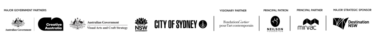 Logos, from left: Creative Australia, Visual Arts and Craft Strategy, NSW Government, City of Sydney, Fondation Cartier pour l'art contemporain, Neislon Foundation, Mrvac, and Destination NSW