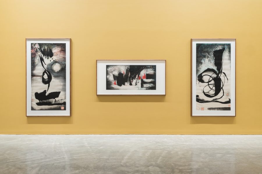 Left to right: Irene Chou, The universe is within our hearts I, 1992. Purchased 1993 with funds from The Myer Foundation and Michael Sidney Myer through the Queensland Art Gallery Foundation; First landscape, 1986. Gift of the artist through the Queensland Art Gallery Foundation 2001; The universe is within our hearts II, 1992. Purchased 1997. John Darnell Bequest. Collection: Queensland Art Gallery | Gallery of Modern Art. © Irene Chou Estate. Installation view, 24th Biennale of Sydney, Ten Thousand Suns, 2024, Museum of Contemporary Art. Photograph: Hamish McIntosh.