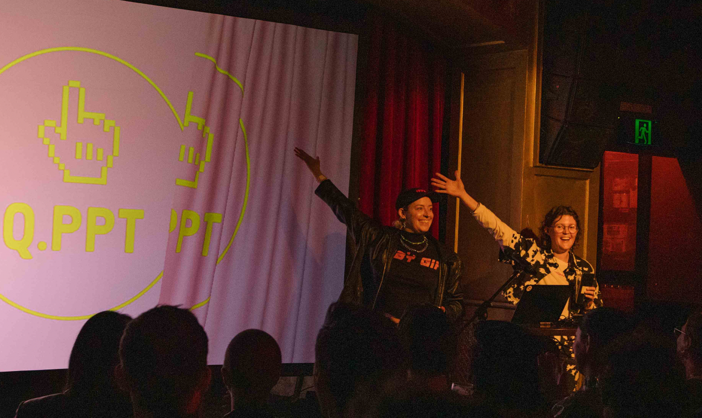 Xanthe Dobbie and Harriet Gillies presenting Queer Powerpoint. Photo by Laura Du Vé