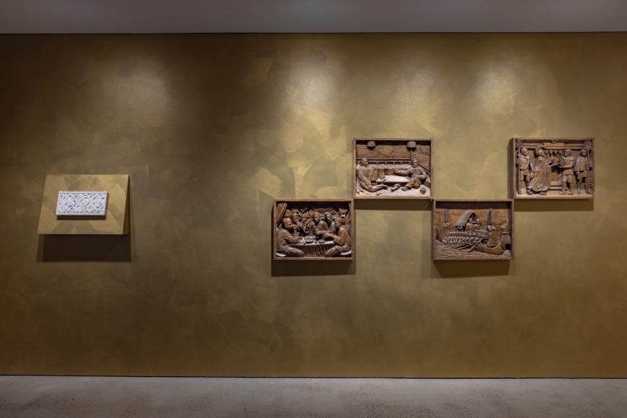 Left to right: Mohamed Imran, Entwined, 2023. Courtesy of Gadheemee Collection, Maldives © Mohamed Imran. Simon Soon, King Kalakaua’s Hawaiin Travels / Melayu Pono’I, 2017-18. Courtesy the artist © Simon Soon. Installation view, 24th Biennale of Sydney, Ten Thousand Suns, 2024, UNSW Galleries. Photograph: Jacquie Manning.