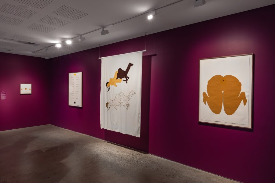 Left to right: Kubra Khademi, Sans titre (Hole #4), 2022; Sans titre (Hole #2), 2022; The birth giving #4, 2021; Sans titre (Hole #1), 2022. Courtesy the artist and Galerie Eric Mouchet, Paris © Kubra Khademi. Installation view, 24th Biennale of Sydney, Ten Thousand Suns, 2024, UNSW Galleries. Photograph: Jacquie Manning.