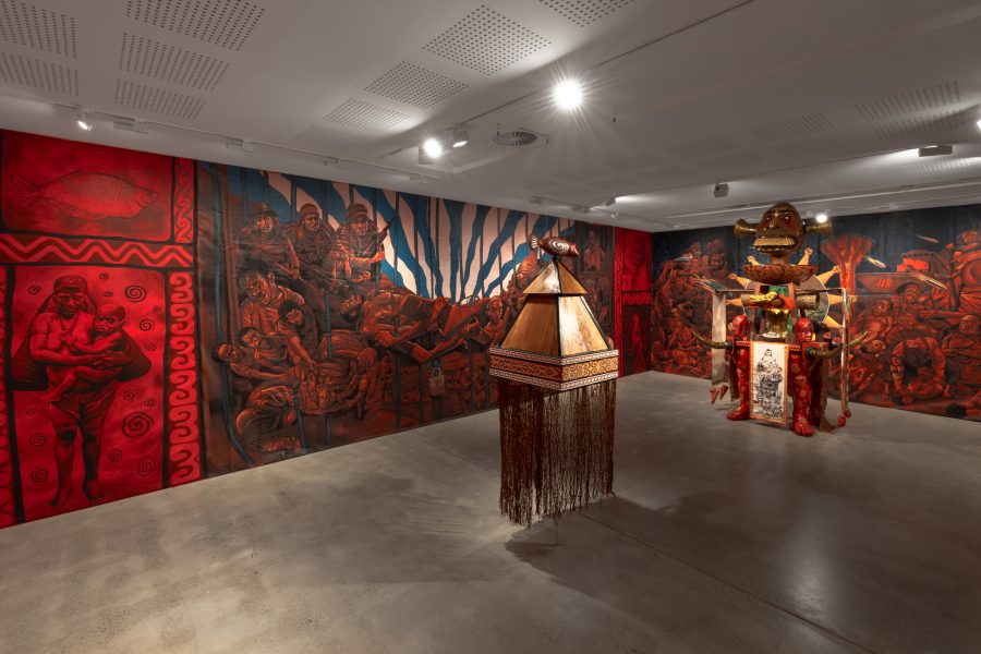 Udeido Collective, The Koreri Transformation, 2024. Collection of Konfir Kabo. Presentation at the 24th Biennale of Sydney was made possible with generous assistance from Project Eleven. Courtesy the artists © Udeido Collective. Installation view, 24th Biennale of Sydney, Ten Thousand Suns, 2024, UNSW Galleries. Photograph: Jacquie Manning.