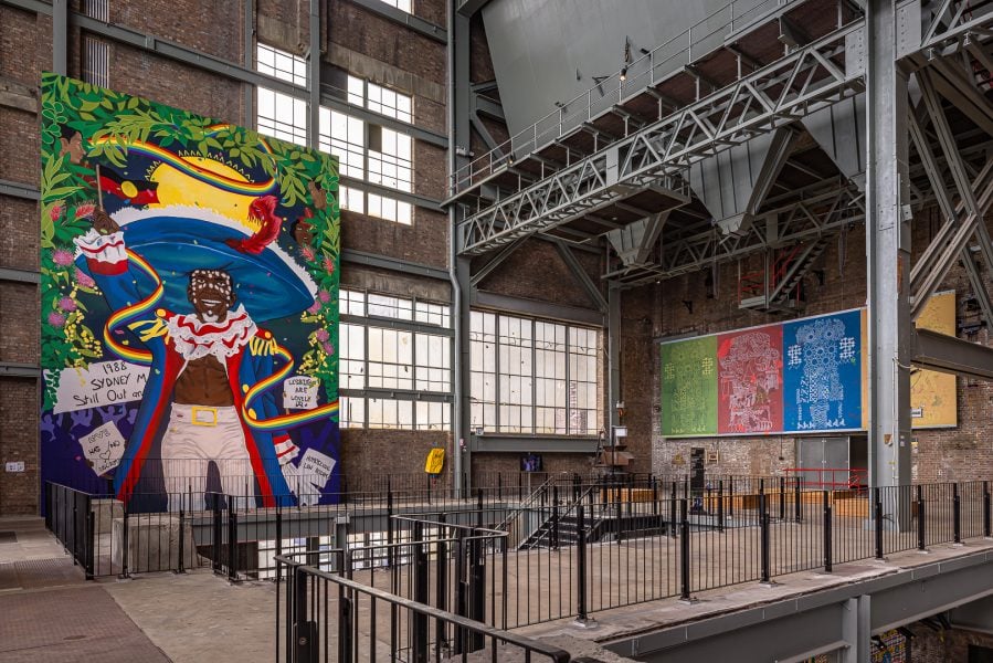 Left to right: Dylan Mooney, Malcolm Cole – larger than life, 2024. Commissioned by the Biennale of Sydney and the Fondation Cartier pour l’art contemporain. Courtesy the artist and N.Smith Gallery © Dylan Mooney. Mariana Castillo Deball, she bends to catch a feather of herself as she falls nr.26, she bends to catch a feather of herself as she falls nr 8., she bends to catch a feather of herself as she falls nr, she bends to catch a feather of herself as she falls 18, she bends to catch a feather of herself as she falls nr.22, 2022-24. Commissioned by the Biennale of Sydney with generous assistance from Institut für Auslandsbeziehunge. Courtesy the artist © Mariana Castillo Deball. Installation view, 24th Biennale of Sydney Ten Thousand Suns, 2024, White Bay Power Station. Photograph: Document Photography.