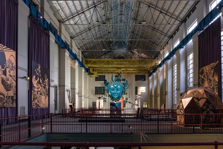 Front to back: Chitra Ganesh, Sultana’s Dream (detail), 2018. Presentation at the 24th Biennale of Sydney was made possible with generous support from Terra Foundation for American Art. Courtesy the artist © Chitra Ganesh; Andrew Thomas Huang, The Beast of Jade Mountain: Queen Mother of the West (西王母), 2023-2024. Commissioned by the Biennale of Sydney with generous support from Terra Foundation for American Art. Courtesy the artist. © Andrew Thomas Huang. Nikau Hindin, Eboni Fifita-Laufilitoga-Maka Fungamapitoa, Hina Puamohala Kneubuhl Kihalaupoe, Hinatea Colombani, Kesaia Biuvanua, Rongomai Grbic-Hoskins, Aumoana, 2023-24. Commissioned by the Biennale of Sydney and the Fondation Cartier our l’art contemporain with generous support from Creative New Zealand. Courtesy and © the artists. Installation view, 24th Biennale of Sydney, Ten Thousand Suns, 2024, White Bay Power Station. Photograph: Document Photography.