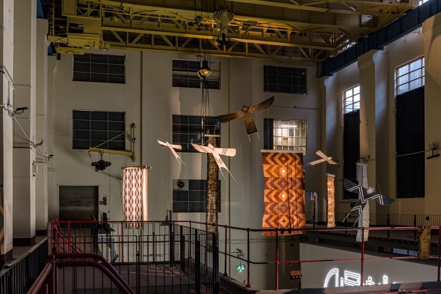Nikau Hindin, Eboni Fifita-Laufilitoga-Maka Fungamapitoa, Hina Puamohala Kneubuhl Kihalaupoe, Hinatea Colombani, Kesaia Biuvanua, Rongomai Grbic-Hoskins, Aumoana, 2023-24 © Commissioned by the Biennale of Sydney and the Fondation Cartier our l’art contemporain with generous support from Creative New Zealand. Courtesy the artists © Nikau Hindin, Eboni Fifita-Laufilitoga-Maka Fungamapitoa, Hina Puamohala Kneubuhl Kihalaupoe, Hinatea Colombani, Kesaia Biuvanua, Rongomai Grbic-Hoskins. Installation view, 24th Biennale of Sydney, Ten Thousand Suns, 2024, White Bay Power Station. Photograph: Document Photography.