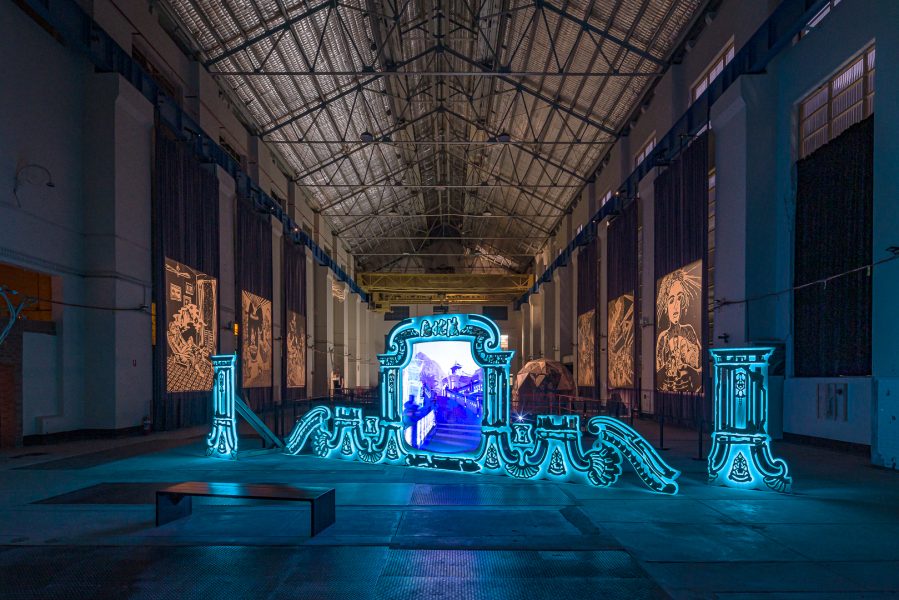 Front to back: Lawrence Lek, Nepenthe (Summer Palace Ruins Edition), 2022. Presentation at the 24th Biennale of Sydney was made possible with assistance from the British Council. Courtesy the artist and Sadie Coles HQ, Presented initially at QUAD, Derby, England © Lawrence Lek. Chitra Ganesh, Sultana’s Dream, 2018. Presentation at the 24th Biennale of Sydney was made possible with generous support from Terra Foundation for American Art. Courtesy the artist © Chitra Ganesh. Installation view, 24th Biennale of Sydney, Ten Thousand Suns, 2024, White Bay Power Station. Photograph: Document Photography.
