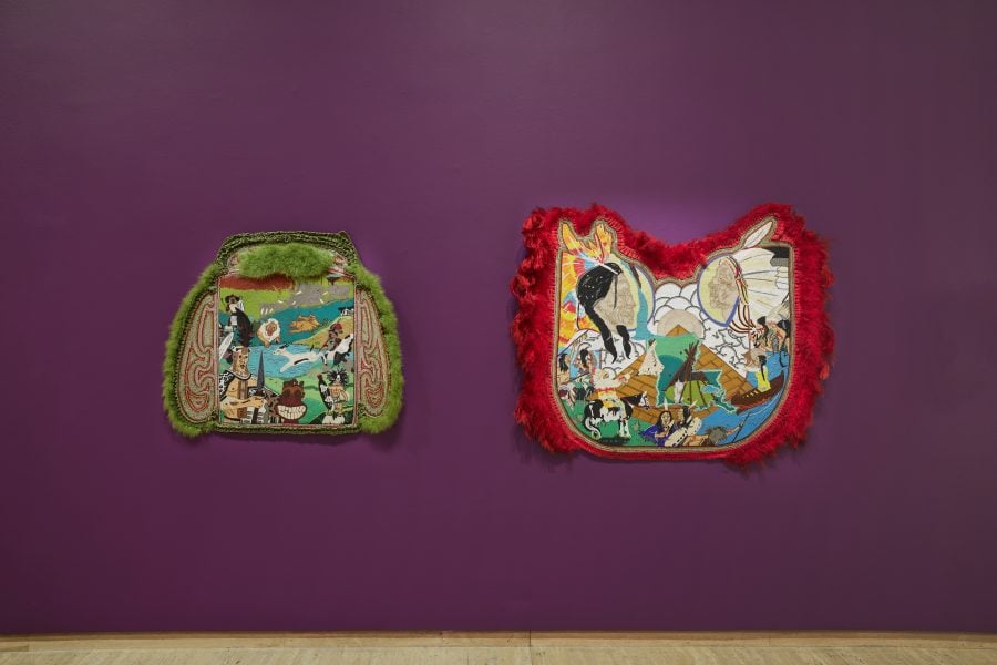 Left to right: Big Chief Demond Melancon, Africa, 2011; Spirit of Red Cloud and Sitting Bull 2013. Presentation at the 24th Biennale of Sydney was made possible with generous support from Terra Foundation for American Art. Courtesy Arthur Roger Gallery © Demond Melancon. Installation view, 24th Biennale of Sydney, Ten Thousand Suns, 2024, Art Gallery of New South Wales. Photograph: Christopher Snee.