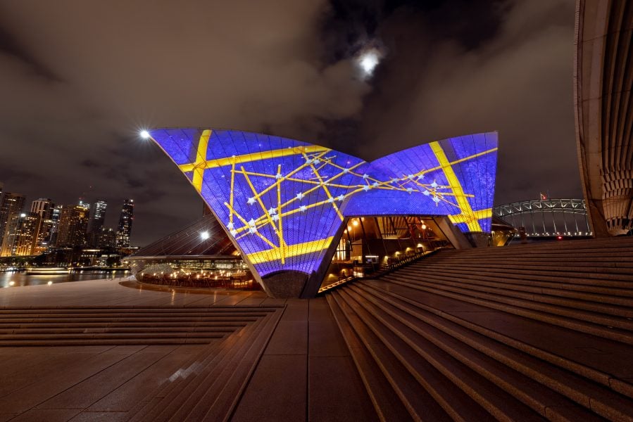 Nikau Hindin and Gail Mabo, Badu Gili: Celestial, 2024. Created in collaboration between the Sydney Opera House, Biennale of Sydney and the Fondation Cartier pour l’art contemporain. Photography: Dan Boud.