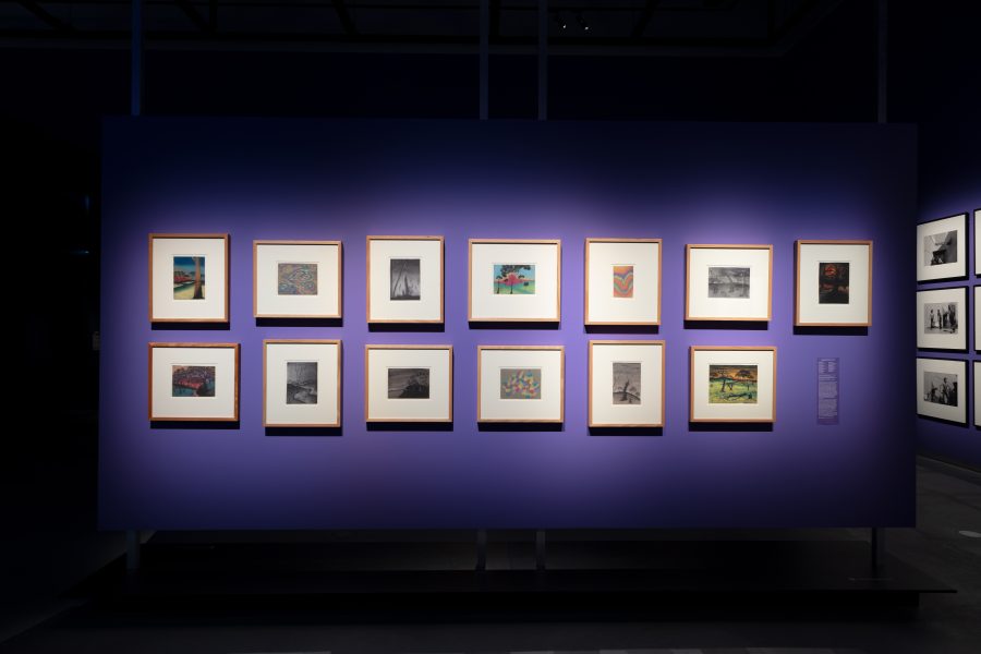 Left to right: Phillip Jackson, Deep Sky, c1946-50; Once known child artist, Untitled, c1946-50; Parnell Dempster, The blackboy tree, c1946-50; Alma Cuttabut, Untitled, c1946-50; Once known child artist, Untitled, c1946-50; Parnell Dempster, Stormy night, c1946-50; Arthur Bropho, Untitled, c1946-50; Gregory Kelly, The high bank, c1946-50; Once known child artist, Shades of night, c1946-50; Edie Wallam, Untitled, c1946-49; Once known child artist, Untitled, c1946-50; Once known child artist, Untitled, c1946-50; Parnell Dempster, Untitled, 1953. The Herbert Mayer Collection of Carrolup Artwork was generously donated to the Curtin University Art Collection in 2013 for educational and research purposes by Colgate University, Hamilton, New York, USA. Reproduced with the permission of the Carrolup Elders Reference Group. © Curtin University. Installation view, 24th Biennale of Sydney, Ten Thousand Suns, 2024, Chau Chak Wing Museum, University of Sydney. Photograph: David James.