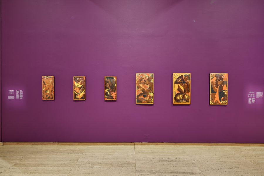 Left to right: Pauline Yearbury, Tu Matauenga, c1967–75; Tawhirimatea, c1967–75; Rongo Marae Roa, c1967–75; Warrior Slaying Taniwha, c1967–75; How Maui Made The Sun Slow Down, c1967–75; Hinemoa & Tutanekai, c1967–75. Presentation at the 24th Biennale of Sydney was made possible with assistance from the Chartwell Charitable Trust. Courtesy Collection of Russell Museum – Te Whare Taonga o Kororāreka © Russell Museum. Installation view, 24th Biennale of Sydney, Ten Thousand Suns, 2024, Art Gallery of New South Wales. Photograph: Christopher Snee.