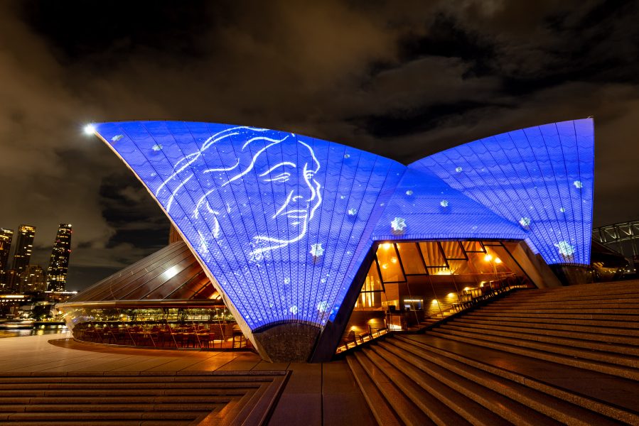 Esme Timbery, Steven Russell, Marilyn Russell, ‘Badu Gili: Healing Spirit’, 2024. Sydney Opera House. Created in partnership between the Biennale of Sydney, Sydney Opera House, and the Fondation Cartier pour l’art contemporain. Animated by Vandal, soundscape by James Henry. Courtesy the artist and family. Photograph: Daniel Boud.