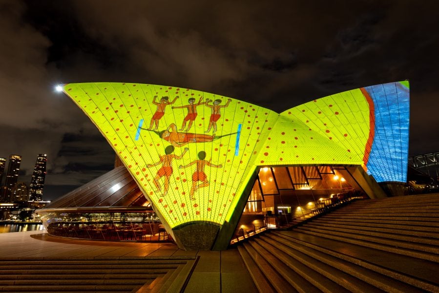Joseca Mokahesi Yanomami, ‘Badu Gili: Healing Spirit’, 2024. Sydney Opera House. Created in partnership between the Biennale of Sydney, Sydney Opera House, and the Fondation Cartier pour l’art contemporain. Animated by Vandal, soundscape by James Henry. Courtesy the artist and the Fondation Cartier pour l’art contemporain. Photograph: Daniel Boud.