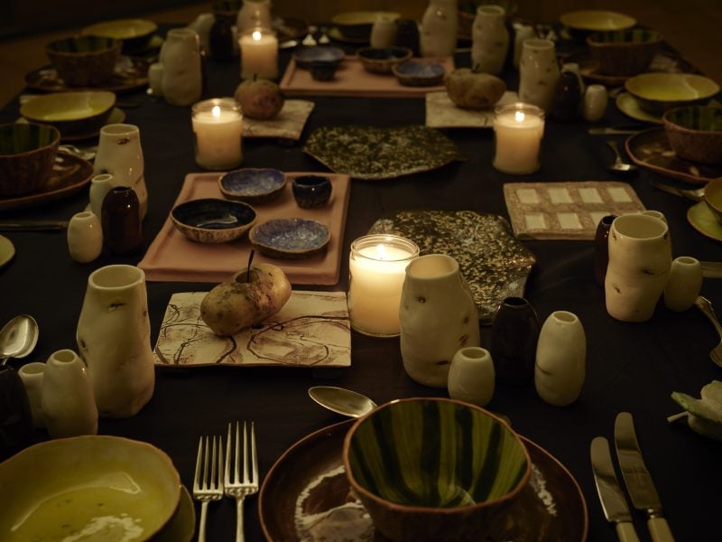 Deirdre O’Mahony, Sustainment Experiments: Eat Food Policy feast (from the Sustainment Experiments series), 2023, Porcelain ceramic dinnerware and engraved cutlery, dimensions variable. Supported by Kunstverein Aughrim and the Irish Museum of Modern Art in collaboration with City Assembly House and the Irish Georgian Society. Photograph: Ros Kavanagh. Courtesy of the artist and Kunstverein Aughrim.