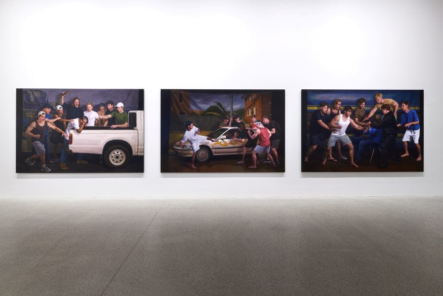 Left to right: Abdul Abdullah, North Cronulla Beach car park approx 1:45pm, 2025; Mitchell Road approx 2:40pm, 2025; Cronulla Railway Station approx 3:00pm, 2025. Commissioned by the Biennale of Sydney with generous support from TWT Property Group. Courtesy of the artist and Ames Yavuz © Abdul Abdullah. Installation view, 25th Biennale of Sydney, Rememory, 2026, Art Gallery of New South Wales. Photo © Art Gallery of New South Wales, Felicity Jenkins. 