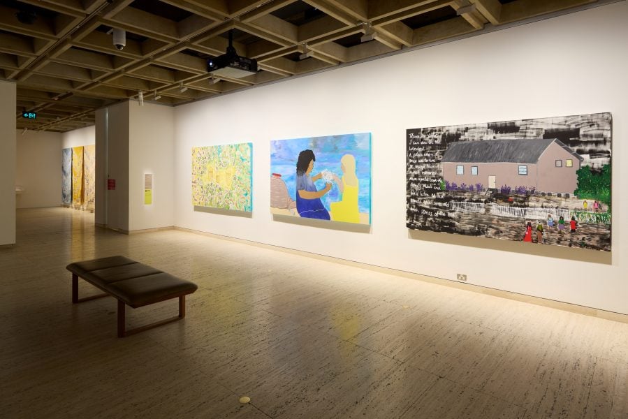 Left to right: Sandra Monterroso, The Zig Zag of the Mountain, 2024-2025. Commissioned by the Biennale of Sydney. Courtesy of the artist and NG Art Gallery © Sandra Monterroso. Elverina Johnson, Footprints, 2025; Untangle, 2025; Old Home, 2025. Commissioned by the Biennale of Sydney with generous support from Vicki Olsson. Courtesy the artist © Elverina Johnson. Installation view, 25th Biennale of Sydney, Rememory, 2026, Art Gallery of New South Wales. Photo © Art Gallery of New South Wales, Felicity Jenkins.