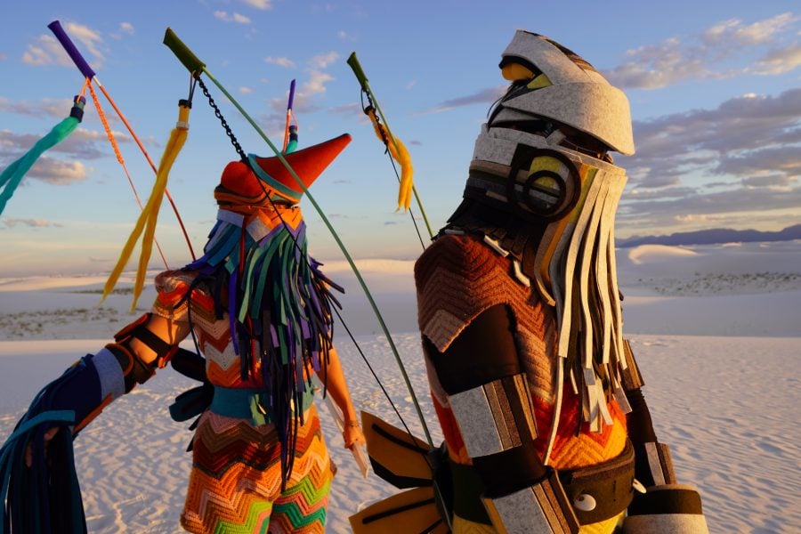 Cannupa Hanska Luger, New Myth (Future Ancestral Technologies Series), 2021, three-channel video, regalia made from repurposed materials, photography, ceramic, dimensions variable. Photograph: Gabriel Fermin. Courtesy of the artist and Garth Greenan Gallery, New York.