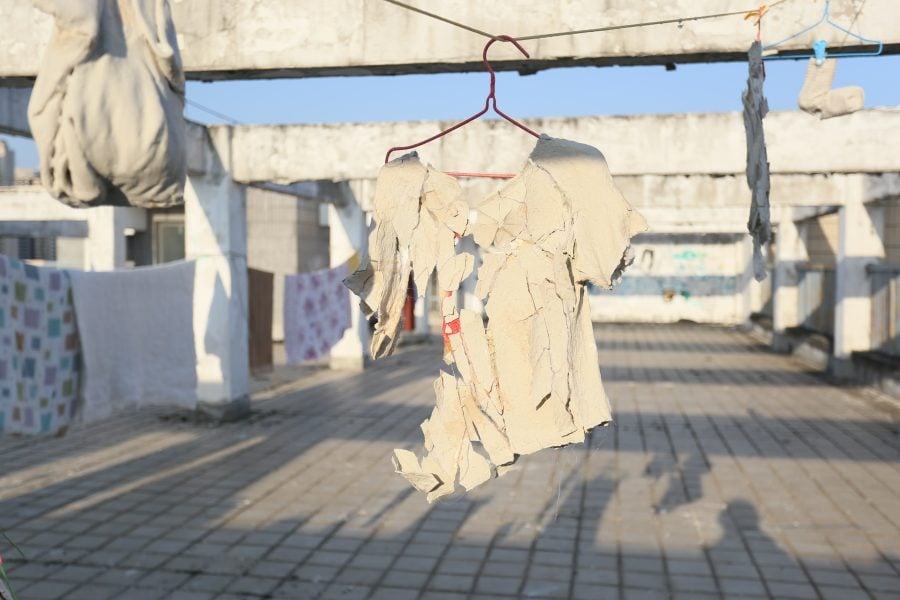 Daisy Quezada Ureña, Untitled (detail), 2018, Porcelain and clothesline, installed in a student dormitory in Wuhan (China), 400sq ft. Photograph: 邹修修 Zou Xiu Xiu. Courtesy of the artist.