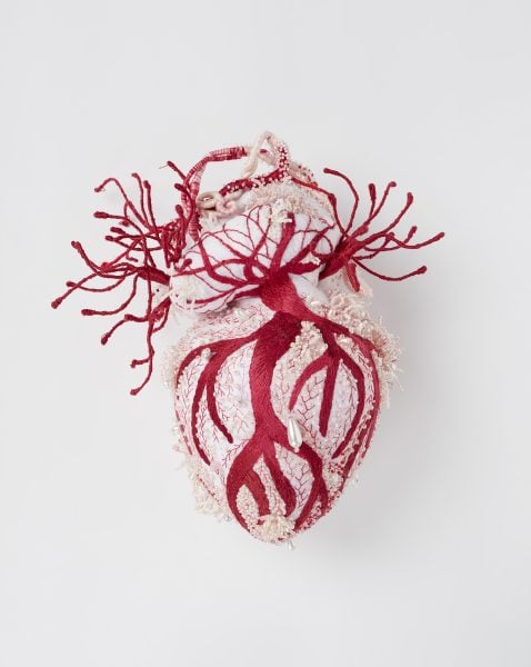 Ema Shin, Hearts of Absent Women #12 (from the Hearts of Absent Women series), 2023, cotton, linen, wool, silk, glass beads, polyester, hanji paper, lokta paper, wire, steel, 27 x 23 x 14cm. Photograph: Narelle Wilson. Courtesy of the artist and Gallerysmith, Melbourne.