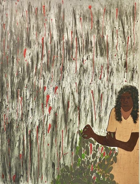 Elverina Johnson, Rake, 2024, From the series Hilda – Grandmothers Stories Acrylic, Charcoal and moulding paste on canvas, 102 x 91 cm Photograph: Dianne Brooks. Courtesy of the artist.