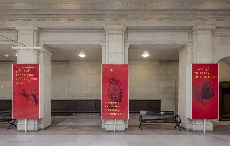 Tania Willard, Carrying Memories of the Land (from the series Carrying Memories of the Land), 2022, digital vinyl print, dimensions variable. Photograph: Toni Hafkenscheid. Courtesy of the artist.