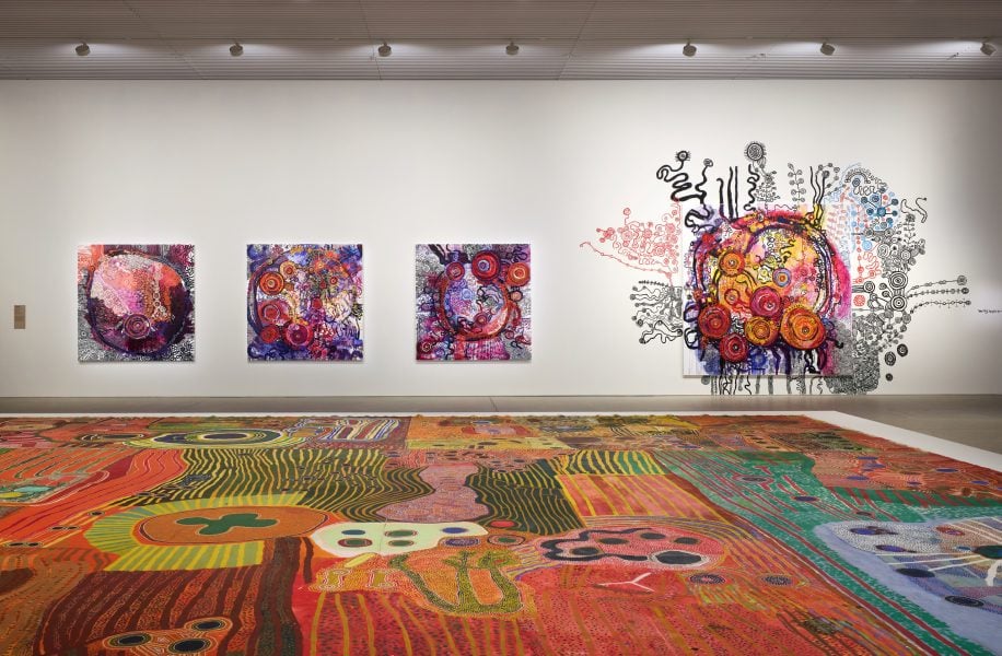 Yaritji Young, Tjala Tjukurpa III, 2025; Tjala Tjukurpa II, 2025; Tjala Tjukurpa IV, 2025; Tjala Tjukurpa I, 2025; Tjala Tjukurpa, 2026. Commissioned by the Biennale of Sydney with generous support from the South Australian Government through CreateSA. Courtesy of the artist and Tjala Arts © Yaritji Young. Installation view, 25th Biennale of Sydney, Rememory, 2026, Art Gallery of New South Wales. Photo © Art Gallery of New South Wales, Felicity Jenkins. 