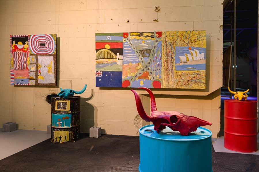 Left to right: John Prince Siddon, Mean Were Our Ancestor, 2025; Mix it with Pride, 2023; Bringing Everyone Together, 2025. Commissioned by the Biennale of Sydney and the Fondation Cartier pour l'art contemporain with generous support from the WA Government. Courtesy of the artist and Mangkaja Arts Resource Agency Aboriginal Corporation, Western Australia. Installation view, 25th Biennale of Sydney, Rememory, 2026, White Bay Power Station. Photograph: Document Photography. 