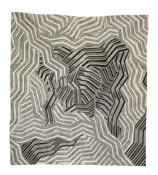 Gunybi Ganambarr, Dhalwaŋu saltwater 1, 2023, earth pigments on bark, 99.5 x 90cm. Photograph: Buku-Larrŋgay Mulka Centre. Copyright and courtesy of the artist. 
